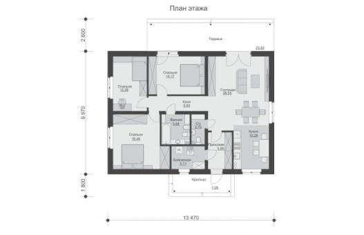 Одноэтажный дом с тремя спальнями, кухней-гостиной и террасой